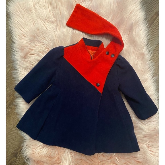 Vintage Navy Wool Coat with Red Collar Tailored by Rothschild - Picture 1 of 4